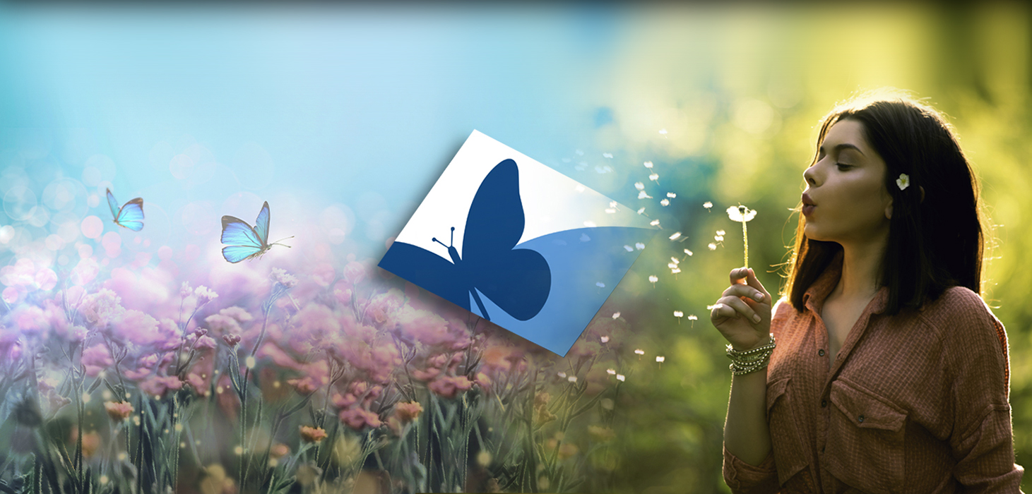 A woman blows apart a dandelion into the wind into a field of butterflies behind Dream logo