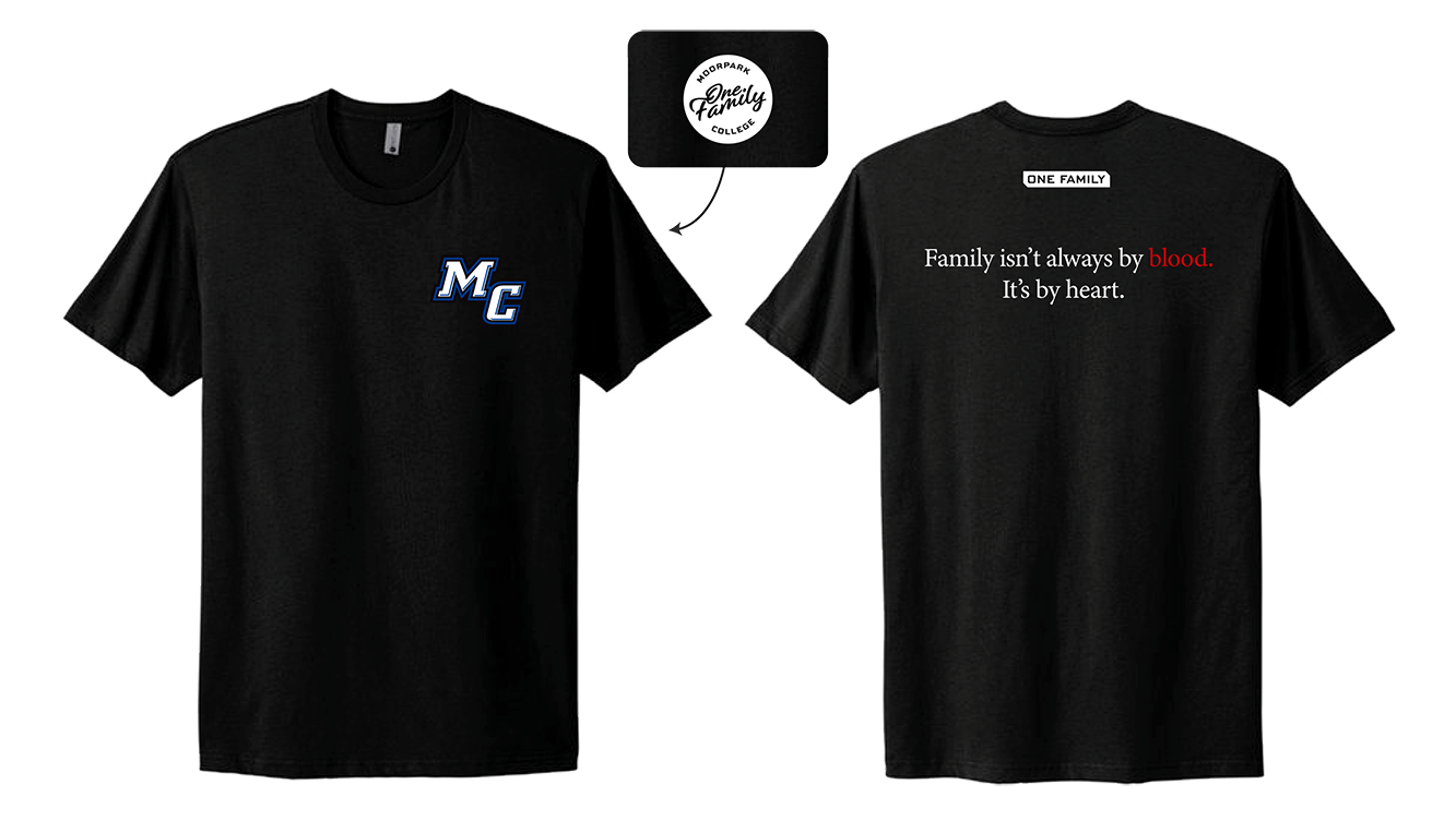 black teeshirt with MC on front and family quote on back