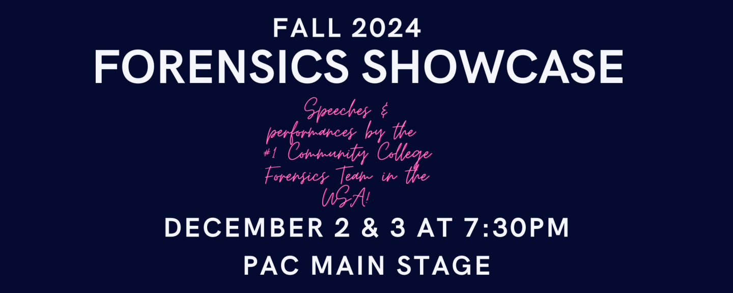 Graphic showing dates for Forensics Showcase 2024, Dec. 2 & 3 at 7:30pm