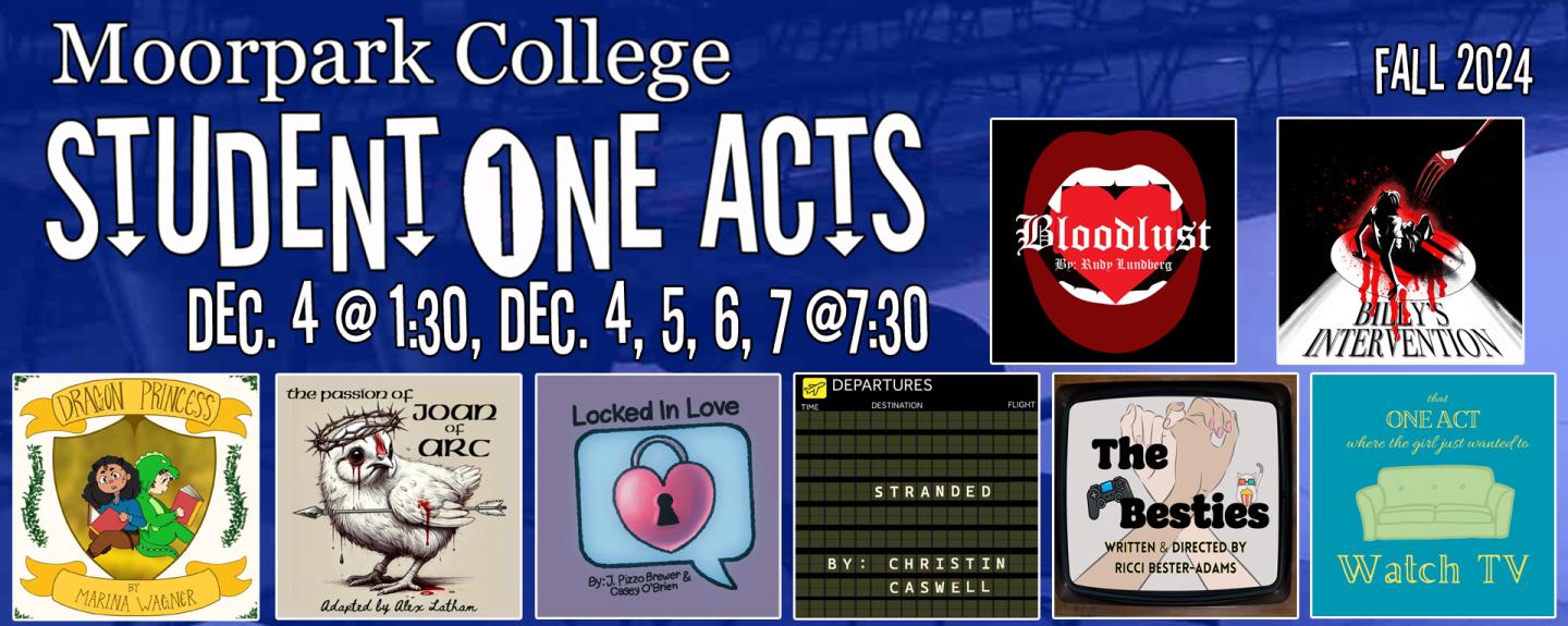 Poster image for the Fall 2024 Student One Acts. Performances December 4, 5, 6, 7 at 7:30pm.