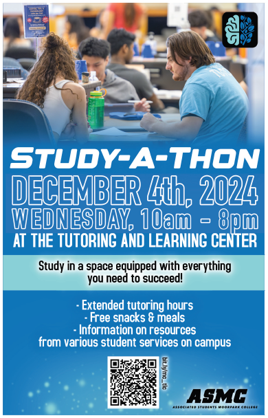 Come to the 3rd floor of the Library on December 4th from 10am-8pm for Finals Study-A-Thon. We have extended tutoring hours and are providing snacks so students can study in a space equipped with all they need to succeed!