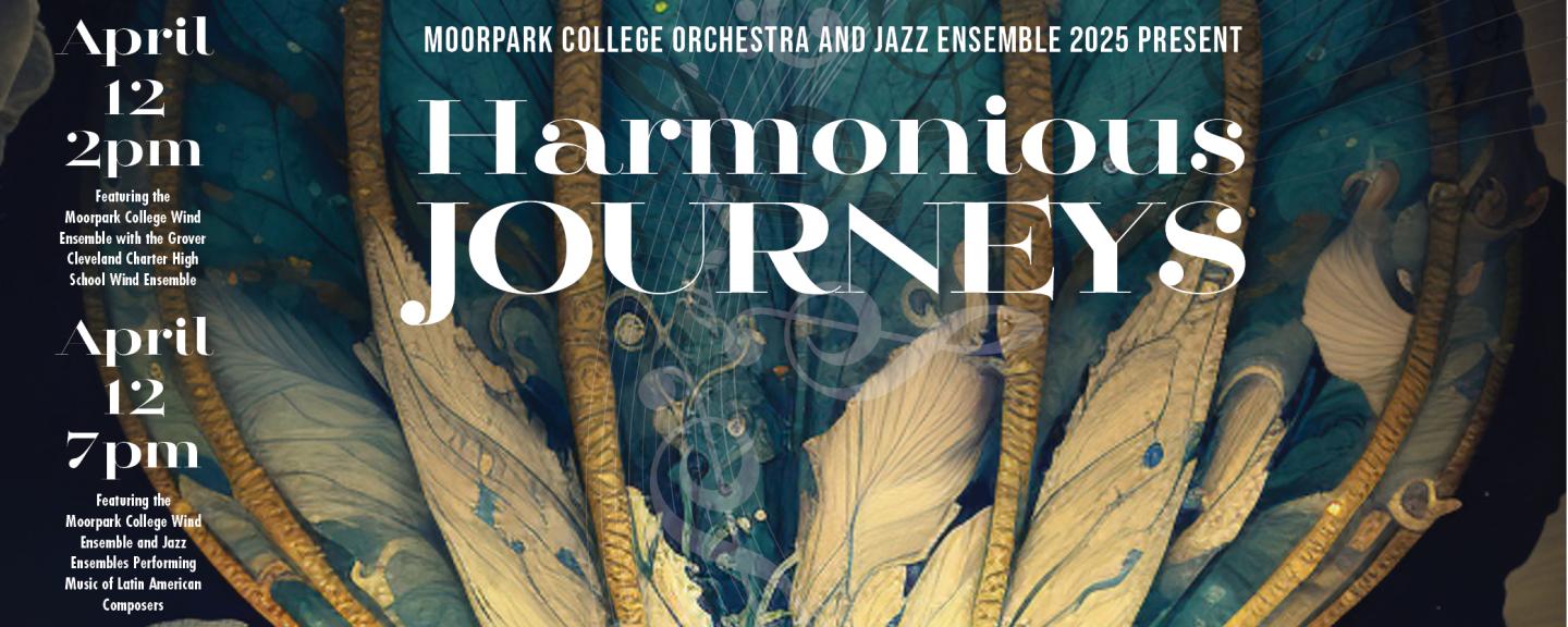 Poster image to promote MC Wind and Jazz Ensemble concert Harmonious Journeys on April 12, 2025 at 2pm and 7pm.