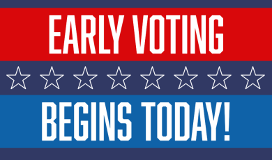 Graphic announcing the start of early voting with bold text 